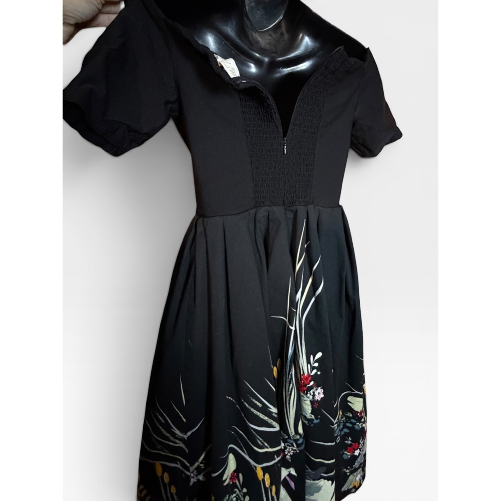 Belle Poque Black Swan Floral Print Off Shoulder Retro Swing Dress Womens M Hoco - Picture 3 of 15